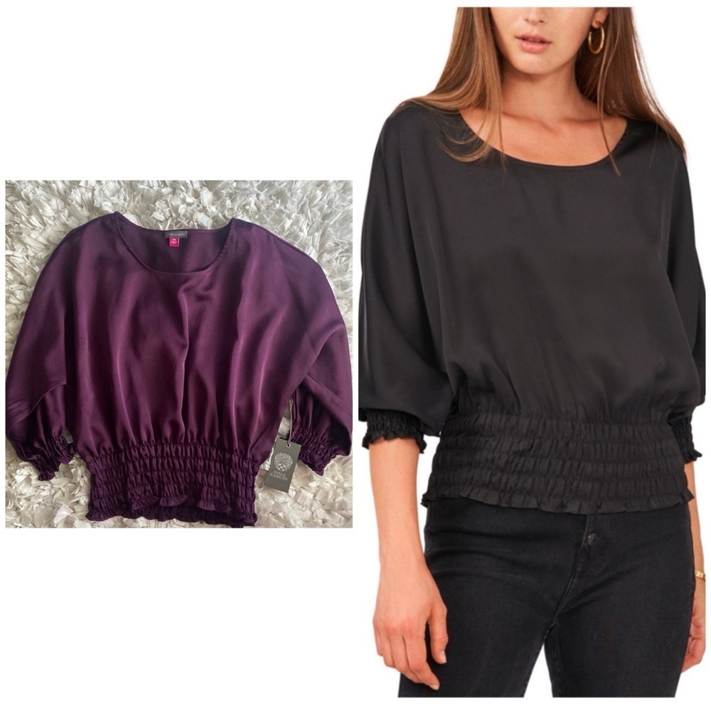 NWT Vince Camuto Dolman Sleeve satin smocked blouse top XXS
